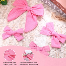 4 Pcs Pink Hair Bow, Cotton Linen Hair Bows, Girls Bows for Hair, Toddler Hair Bows for Girls Hair Accessories, Alligator Clips Knot Hair Bows for Girls, Light Pink Bow, 3 Styles & 3 Sizes