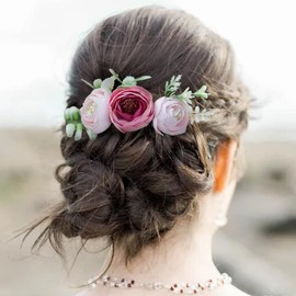 Fangsen Silver Wedding Pink Rose Flower Hair Comb Bridal Flower Hair Clip Floral Hair Accessories