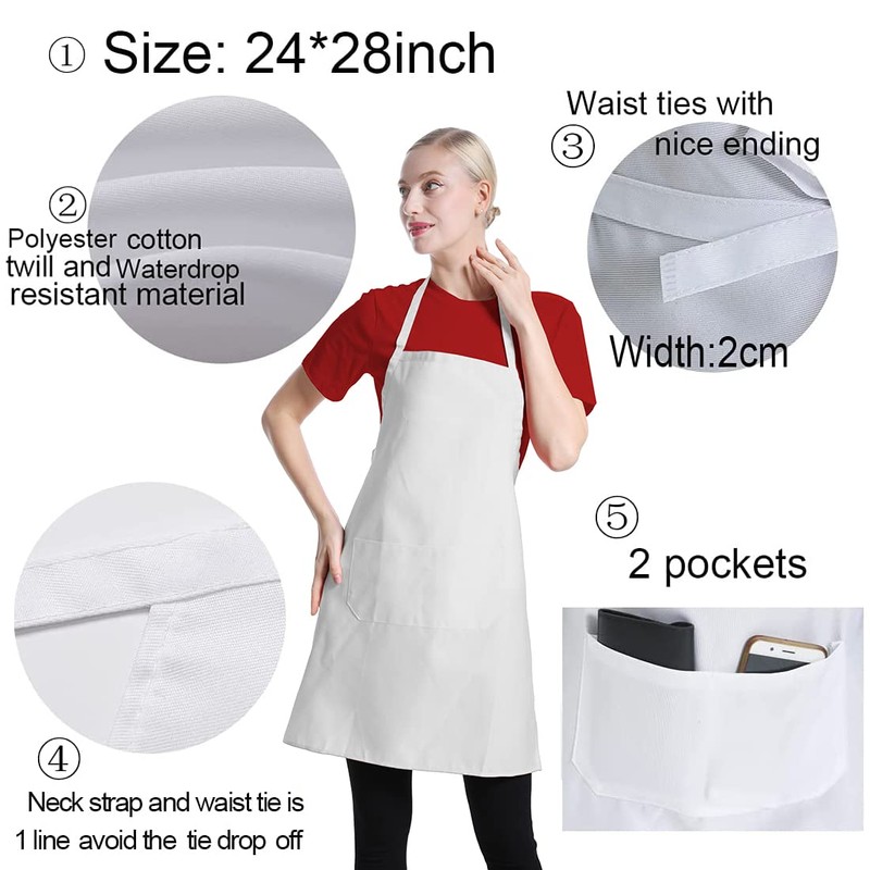CWFUN 12 pack White Apron for Women Men with Pockets,