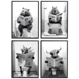 JINZUNRUI JZR Poster Bathroom Decoration Pictures, Black and White Bathroom A4 Wall Pictures, Funny Animal on Toilet Wall Decoration, Canvas Bathroom Pictures, Without Frame
