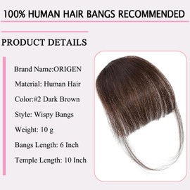 ORIGEN Clip in Bangs Real Human Hair Clip on Wispy Bangs Fringe with Temples Hairpieces Fake Front Bangs Extensions for Women Dark Brown Color