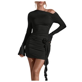 Floerns Women's Asymmetrical Neck Long Sleeve Ruched Flower Irregular Ruffle Hem Bodycon Mini Dress Black Large