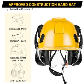 SMASYS Safety Hard Hat with Visor Ear Muffs- Adjustable ABS Climbing Helmet 6-Point Suspension Perfect for Construction Head Protection Hardhats Hear,Yellow (Yellow Hard Hat With Clear Visor-Earmuffs)