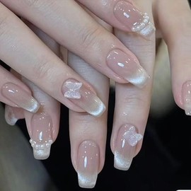 Nail Tip, Long Nail Tip, 24 Pieces, Glitter, Glossy, 3D, Korea, Popular, Stylish, Gel Nail Seal, Cute, Long Nail Tip, Bride Nail, Handmade Nail Tip, Double-Sided Tape, Butterfly, 3D Nail Clip,