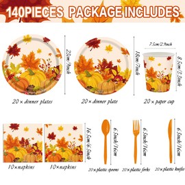 140Pcs Thanksgiving Party Decorations Tableware Set Pumpkin Plates and Napkins Fall Party Supplies Maple Leaf Plates Autumn Baby Shower Birthday Party Decorations Dinnerware,Serve for 20