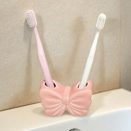 Toothbrush Holder, Cute Bow Ceramic Tooth Brush Holder Pen Holder for Bathroom Countertop Home Office Decor (Pink)