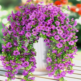 Artificial Fake Hanging Flowers for Outdoors,2 PCS Faux Silk Daisy Plants Outside Spring Decoration,UV Resistant Eucalyptus Leaves No Fade For Home Indoor Porch Patio Window Garden(Purple )