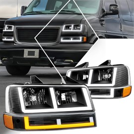 PM PERFORMOTOR [4Pcs] E-Shape LED DRL Headlights+Bumper Lamps Compatible with 03-24 Chevy Express/GMC Savana,Smoked Lens