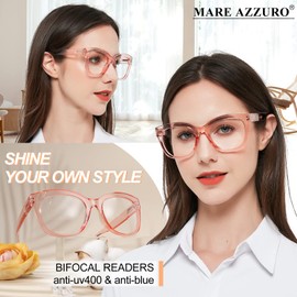 MARE AZZURO Oversized Bifocal Reading Glasses 2.5 Women Blue Light Blocking Readers 1.00 1.25 1.50 1.75 2.00 2.25 2.50 2.75 3.00 3.50 (Pink, 250)