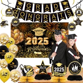 Graduation Decorations Class of 2025 Graduation Party Decor Set, Black and Gold Backdrop, Congrats Grad Banner, Balloons & Streamers Kit Party Supplies for High School & College Grade Celebrations