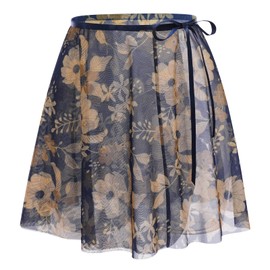 AFAVOM Women's Ballet Dance Skirt - Adult Dancewear Floral Sheer Mesh Ballerina Tie Waist Over Scarf Tutu - Skate Gymnastics Chiffon Dress Wear - Navy Blue M