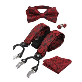 Alizeal Cachemira para hombre, color liso, 6 clips, tirantes y corbatín, pañuelos, gemelos, rojo vino, Talla única