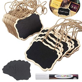 ONUPGO 20 Pack Chalkboard Tags with Liquid Chalk Marker, Double Sided Blackboard with Hanging String, Wooden Mini Erasable Chalkboard Signs, Hanging Chalkboard Labels, Price Tags, Message Tags