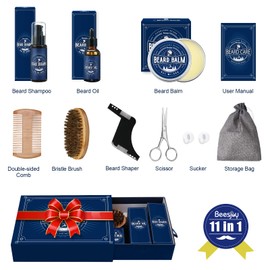 Bartpflege Set Geschenke Männer, Beesjuy 11 in 1 Bartpflege Set für Männer, mit 60ML Bartshampoo, 30ML Bartöl, Bartbalsam, Bartkamm, Bartbürste, Bartschere, Bartschablonen, Geschenkset Valentinstag