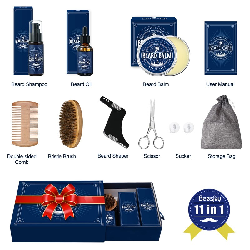 Bartpflege Set Geschenke Männer, Beesjuy 11 in 1 Bartpflege Set