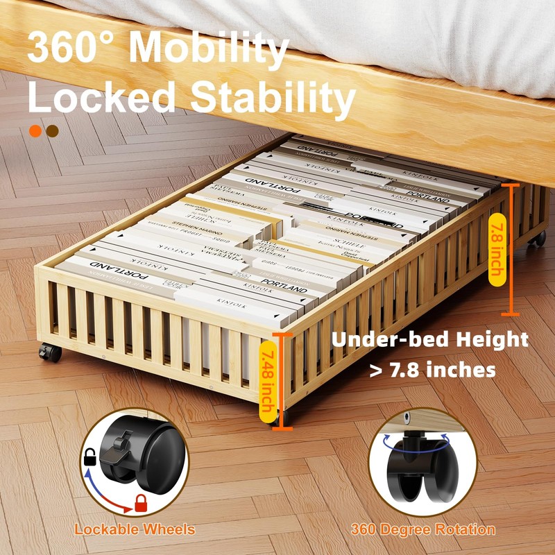 Landmok Bamboo Under Bed Storage Containers with Wheels, 40L UnderBed