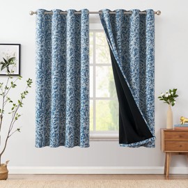 jinchan 100% Blackout Curtains for Bedroom 63 Inch Length 2 Panels Blue Scroll Floral Window Curtains for Living Room Farmhouse Vintage Drapes Thermal Insulated Grommet Window Treatments Set