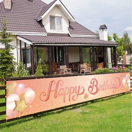 Happy Birthday Banner,Birthday Decoration Rose Gold,Party Backdrop Banner Fabric Banner for Girl Boy Birthday Photo Backdrop,Photography Background,Outdoor Yard Garden Table Wall Decor