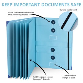Folio Folder File Organiser 12 Compartments Document Folder with Label Stickers in Case I Go Missing Folder for Home and School Office Supplies for Important Papers (Blue)