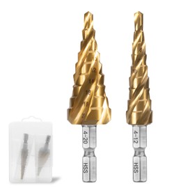 Invincible Four Blade Step Drill, Hexagonal Shaft, Sharpener, Titanium Coating, Spiral HSS Steel Drill, DIY Tool for Woodworking (Set of 2, 0.1 - 0.5 inches (4 - 12 mm), 9 Steps, 0.1 - 0.8 inches (4 -