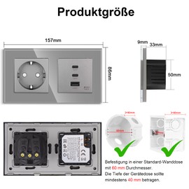 CNBINGO CNBINGO Glas Schuko Steckdose unterputz mit 65W Schnellladesteckdose(2-Typ C und 1-USB A), Wand Ladeger?t