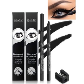 2Pcs Black Waterproof Smudge-proof Gel Eyeliner Pens Soft Eye Liner Pencil Natural Matte Long Lasting Super Smooth Black Eye Liner Easy-to-Sharpen Liner Pencil for Cat Eye Makeup with Pencil Sharpener