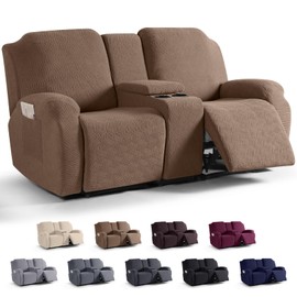 KinCam Loveseat Recliner Covers with Middle Console Slipcover, Recliner Sofa Covers 2 Seat Couch Cover Stripe Jacquard Furniture Protector Covers with Elastic Bottom for Kids, Pets (Light Coffee)