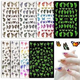 Nail Art Stickers, 8 Sheets Butterfly Self-Adhesive 3D Nail Decals, Gold/Silver/Multi-Color/Luminous Holographic Butterflies Nail Art Supplies for Women French Nail Decoration