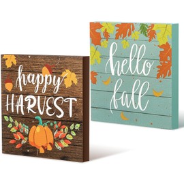 Maitys 2 Pieces Thanksgiving Hello Fall Sign Happy Harvest Decor Sign Pumpkins Fall Wooden Block Rustic Farmhouse Table Centerpiece for Home Holiday Autumn Party Tiered Tray Decor
