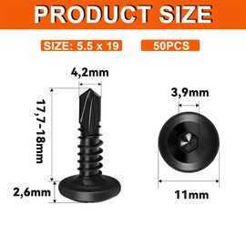 Wavanta 50Pcs Self Tapping Screws, 5.5 x 19mm Flat Head Self Drilling Screws for Metal, Black Stainless Steel Screw, Hex Socket, Tek Screw with Screwdriver Bit