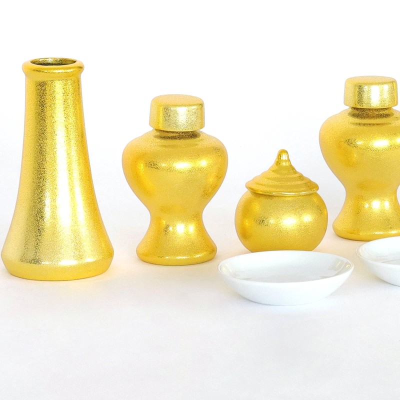 やまこう 神具セット 黄金神具 金ちりめん 7点 セット 小 榊立て 瓶子 水玉