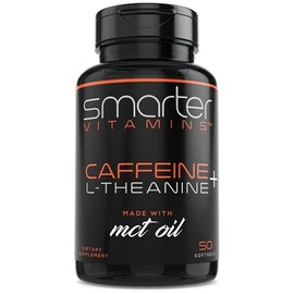 SmarterVitamins 200mg Caffeine Pills - MCT Oil from 100% Coconuts + 100mg L-Theanine, Energy and Focus, Extended Release Capsule, 50 Liquid Softgels
