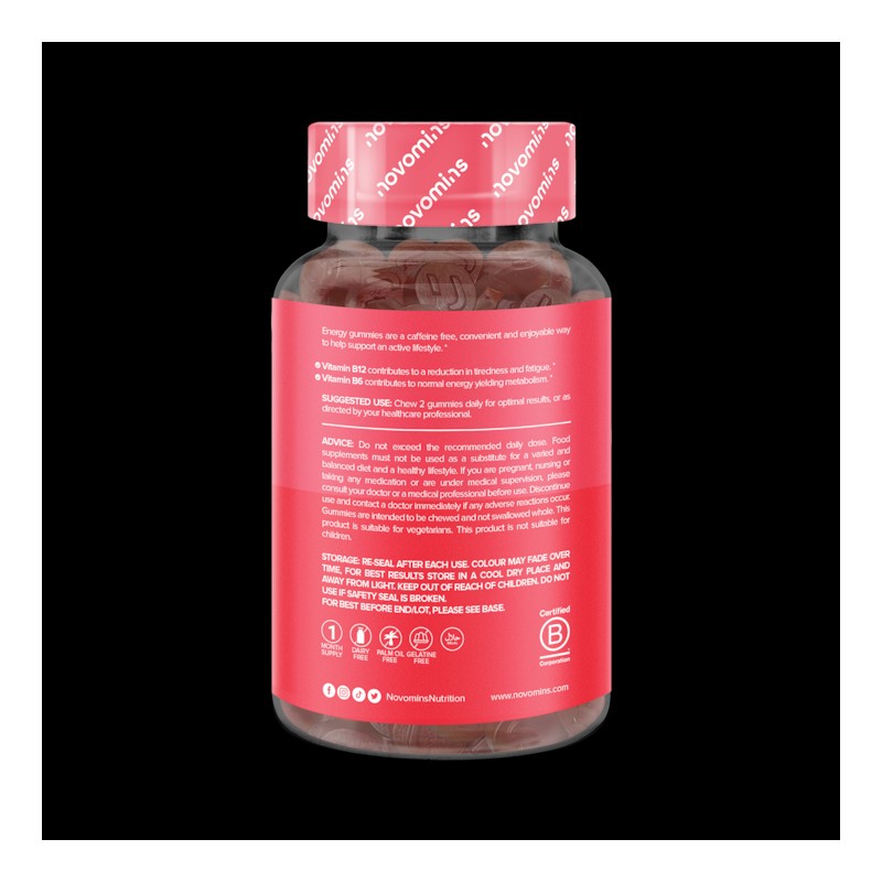 Novomins Energy Raspberry Flavour Vitamins 60 Gummies 30 Days Supply