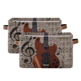 AUUXVA Storage Basket Vintage Music Guitar Storage Cube Box Durable Canvas Collapsible Toy Basket Organizer Bin with Handles for Shelf Closet Bedroom Home Office