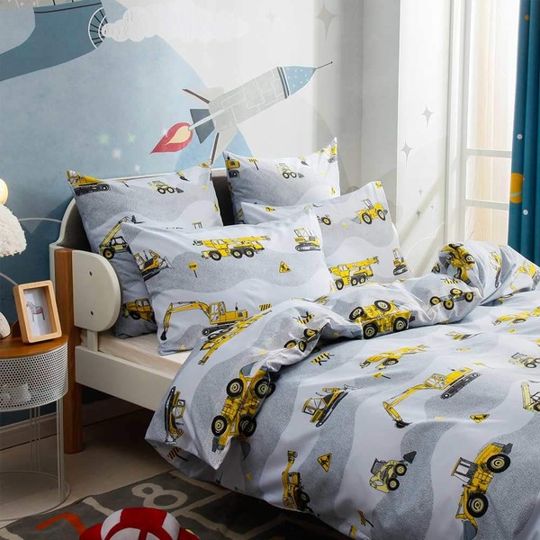 Lurson Kids Boys Excavator Duvet Cover Set Twin Cartoon Construction Tractor Pattern Print on Grey and White 2 Pieces Ultra Soft Microfiber Bedding Collections with Zipper Ties for Teen Children Baby