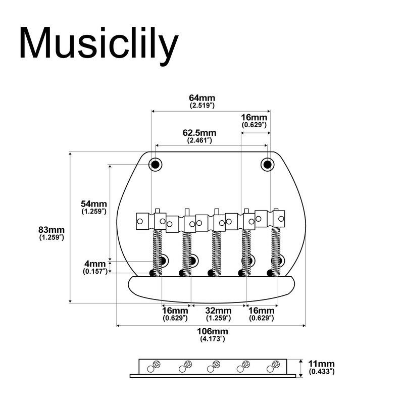 Musiclily Pro 16mm Steel 5-String Bass Bridge for Musicman Style