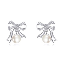 SHEAISRS Bow Pearl Earrings Sterling Silver Bow Stud Earrings For Women Freswater Pearl Earrings Jewelry