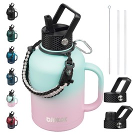 BJPKPK Large Insulated Water Bottles with Straw Lid & Handle, 50oz, 64oz, 87oz, 128oz Water Bottle with 3 Lids and Paracord Strap, Stainless Steel Metal Water Bottle, Insulated Water Jug, Marshmallow