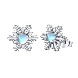Snowflake Earrings Women's 925 Sterling Silver Moonstone Snowflake Christmas Stud Earrings Hypoallergenic Rainbow Snowflake Jewellery Gifts for Girls Women Children, Silver, Moonstone