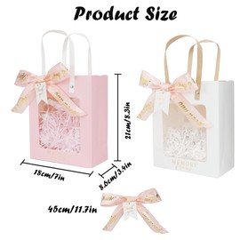 15 Pcs Gift Bags with Clear Window, 7"x3.4"x8.3" Kraft Paper Shopping Bags with Handles, Bulk Treat Bags, Reusable Favor Bags for Graduation Birthday Wedding Party Bouquet Wrapping Gifts (White)
