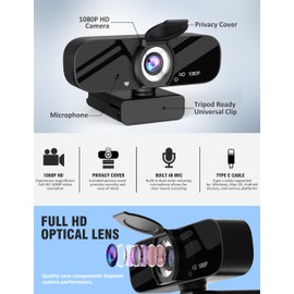 GOZVRPU 1080P HD Webcam with Built-in Microphone, Rotatable Tripod, Wide-Angle Lens,Privacy Cover, Auto Light Correction, Plug & Play USB-A Webcam for Laptop, Desktop, PC, Streaming-Black