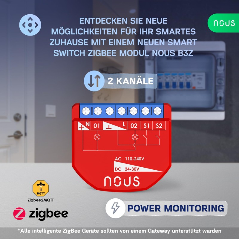 NOUS ZigBee Smart Switch Module mit Leistungsmessung, 2 Kanäle, AC