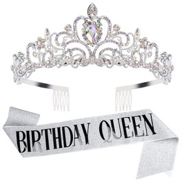 Birthday Queen Sash & Crystal Tiara Kit Tiara Crowns Birthday Decorations Rhinestone Headband Hair Accessories Glitter (SILVER)