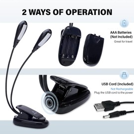 Vekkia 10 luces LED de soporte de música, luz de libro funciona con pilas USB/AAA, luz de clip cuidada a los ojos, 3 brillos x 3 colores iluminados hasta 2 páginas completas, perfecto para lectores, soporte de música