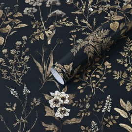 Dimoon 78.7"x17.3" Vintage Wallpaper Boho Floral Peel and Stick Wallpaper Dark Black Gold Contact Paper Flower Removable Wall Paper Renter Friendly Stick on Kitchen Bathroom Self Adhesive Vinyl