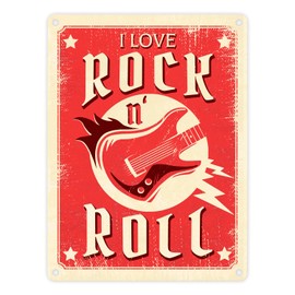 I Love Rock 'n' Roll Metal Sign in 15 x 20 cm with Guitar for Real Rocker and Rockabilly Fans as a Gift Idea for Housewarming Music Indie Alternative