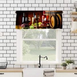 Wine Valance Curtain, Vintage Barrel Red Wine on Table Glasses Wine Grapes Windows Curtain Valance for Kitchen Dining Room Canteens Home Decor, One Panel 54x18in