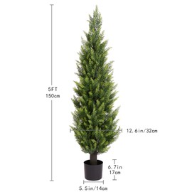 5FT Artificial Cedar Topiary Trees Set of 2 - Realistic Faux Cypress Plants UV Resistant for Outdoor Planter, Fake Bushes & Shrubs for Porch Front Door Outside UV Rated, 5 Feet Tall, 2 Pack