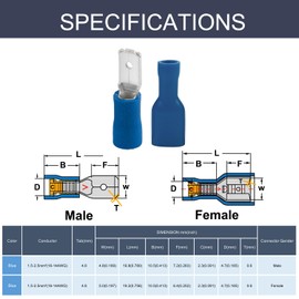 Chanzon 100pcs UL Listed 4.8mm Male & Female Spade Connector Quick Disconnect Kit Semi-Insulated PVC - Blue - 14 15 16 awg Gauge Wire Crimp Terminal Electrical Assorted 4.8 x 0.8 mm 3/16'