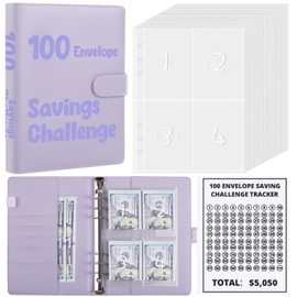 SKYDUE 100 Envelopes Money Savin Challenge Binder, A5 Money Saving Budget Binder with Cash Envelopes - Savings Challenges Book to Save $5,050